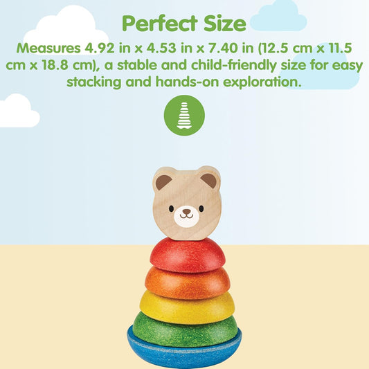 PlanToys® Bear Stacking Ring Wooden Montessori Fine Motor and Early Learning Toy | Size Sequencing, Colour Sorting and Coordination Activity | Eco Friendly Educational Toy for Toddlers