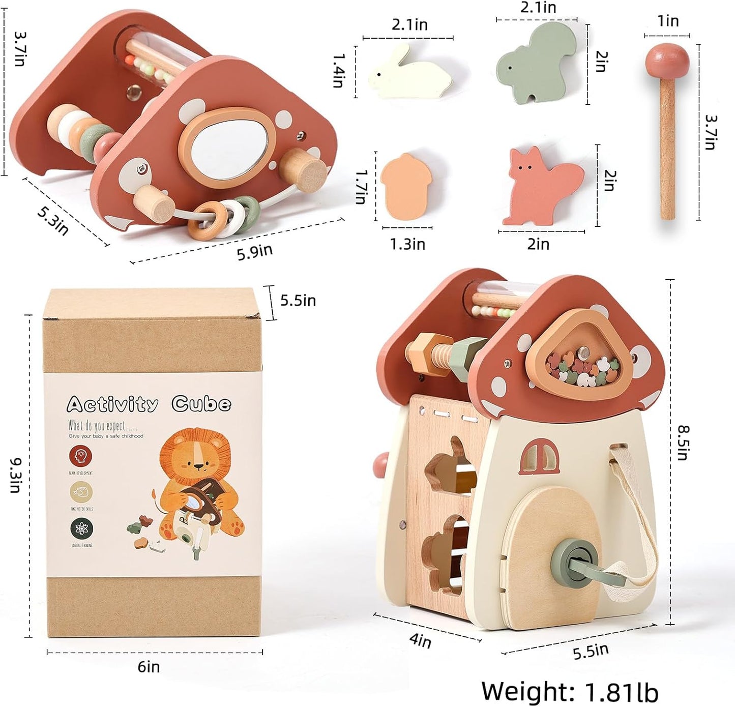 Youuys Wooden Activity Cube 9-in-1 Montessori Toys for 3+ Year Old Boys & Girls, Multipurpose Educational Sensory Learning Toys for Baby Toddlers with Mirror, First Birthday Gift (Castle)