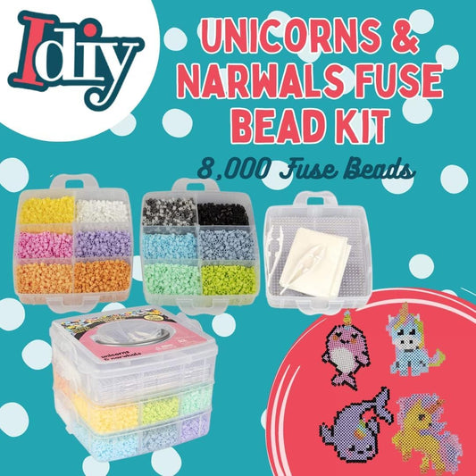 Fuse Beads Super Value Kit- 8000 Beads- Unicorn & Narwhals- Includes 12 Colors, 4 Peg Boards, Tweezers, Ironing Paper & Design templates- DIY Art Craft Project for Kids Vacation, Camp Or Holiday Gift