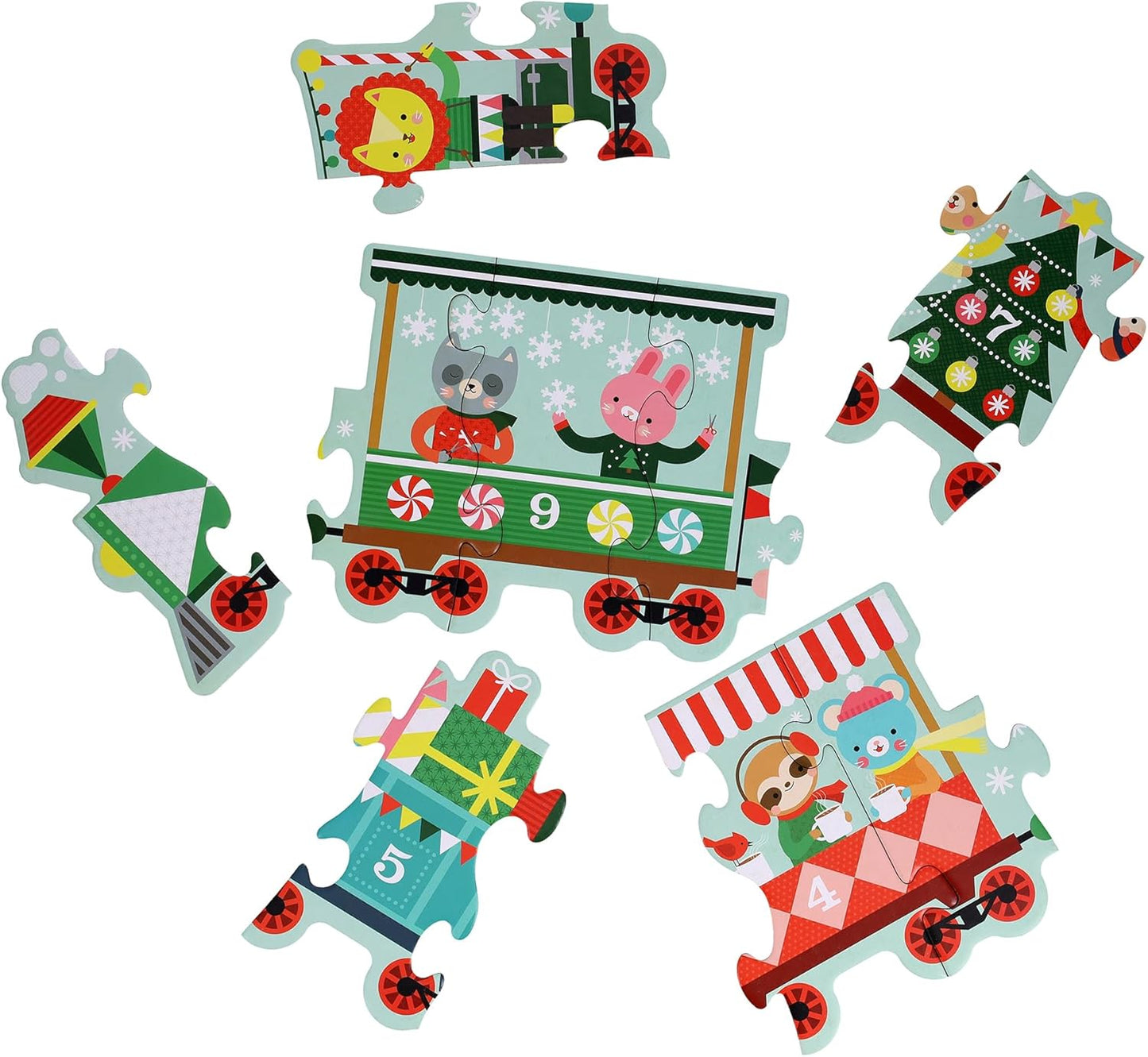 Petit Collage: Christmas Train Shaped Floor Puzzle - Giant 6ft Long 30-Piece Holiday Floor Jigsaw for Toddlers 3+ – Chunky Pieces with Box Handle – Eco-Friendly Seek-and-Find Gift for The Holidays
