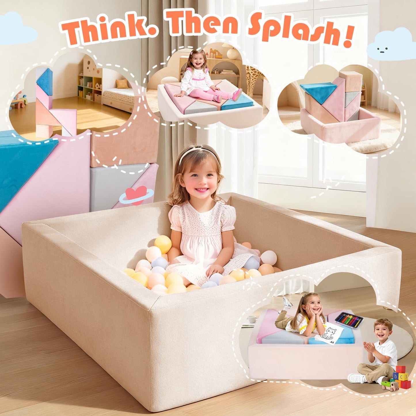 Tangram Puzzle Modular Kids Play Couch for Toddler, 7-in-1 Buildable Foam Sofa with Ball Pit & Fort, Convertible Floor Sofa for Playroom, Active Play Furniture for Imagination, Gift for Ages 3+