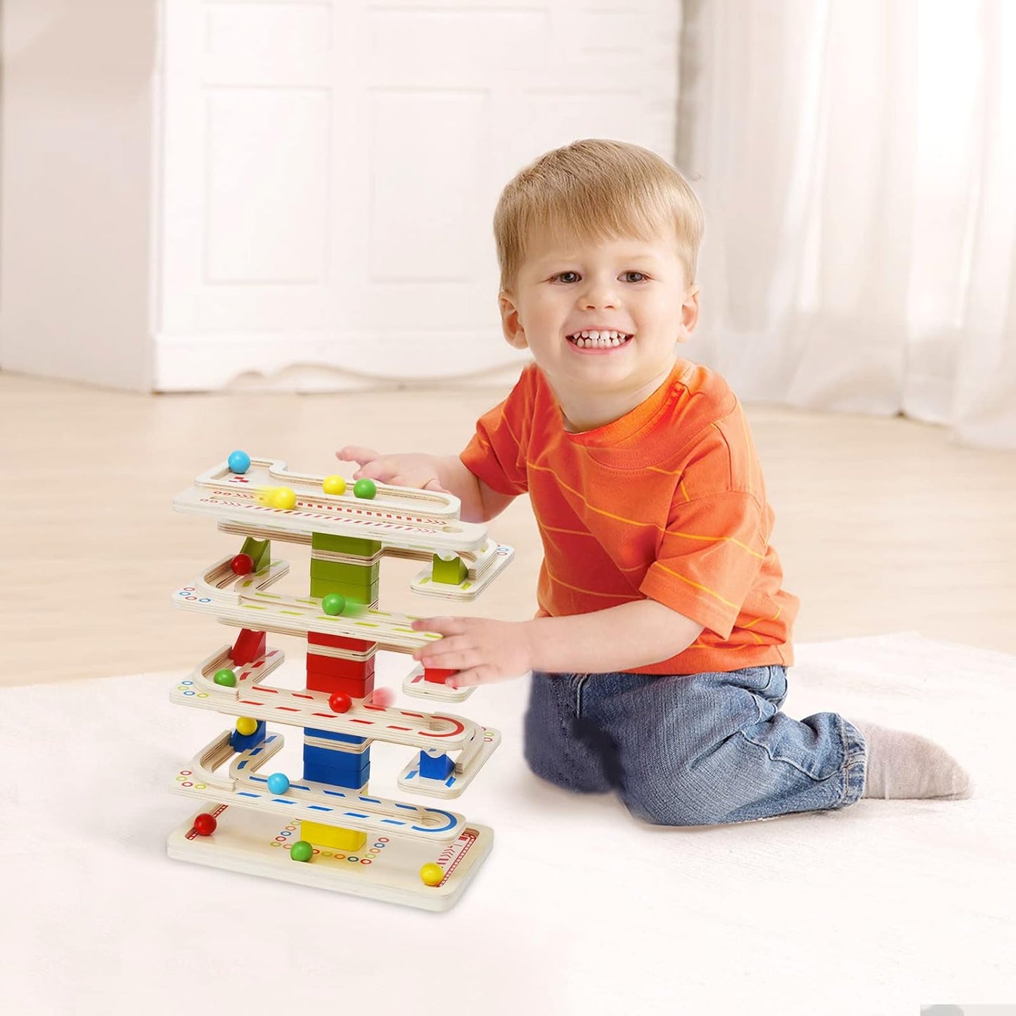 Wooden Marbles Run Ball Drop Toys 8-Tier Rolling Tower Toys with 16 Balls Ramp Whirling Game Ball Tower Educational Learning Toys for Gifts 3 4 5 6 7 8 Years Toddler Boys Girls