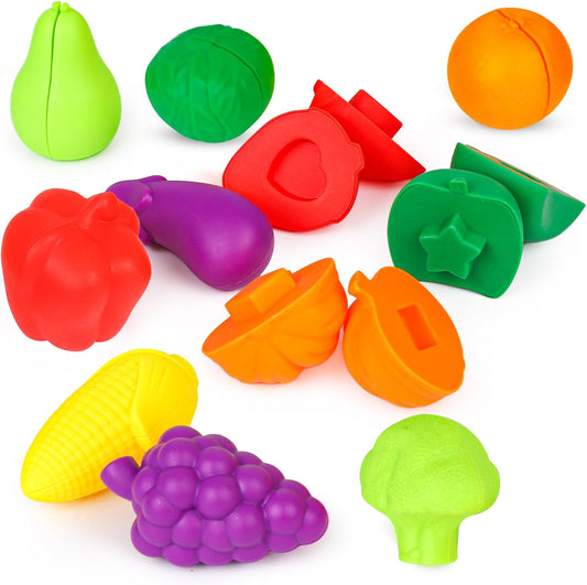 Play Fruits and Vegetables - Matching Color & Shape Toy, Sorting Toy for Kids, Educational and Motor Skills Development 12 Shapes Snap Toys for Toddlers, Ages 3+