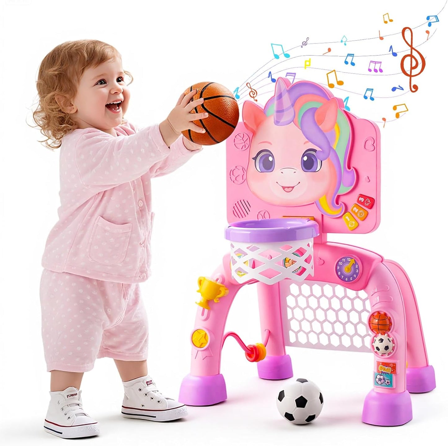 JMMICO Toddler Basketball Hoop & Soccer Goal Activity Center, Interactive Toys with Light Music,Unicorn Toddlers Musical Toys Gift, Baby Birthday Easter Gifts Gift for 1 2 3 Year Old Boys Girls