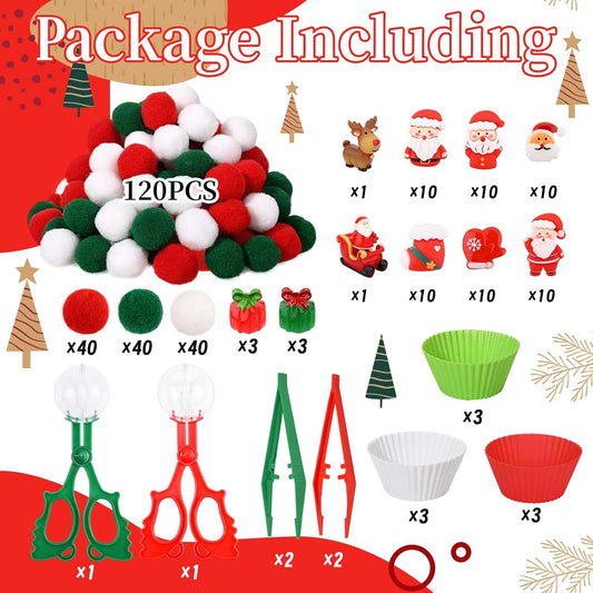 203 Pcs Christmas Sensory Bin Fillers Santa Fine Motor Skills Christmas Sensory Bin Item Pompoms Cups Tweezers Scissor Clips for Activities Sorting Counting (Style 1)
