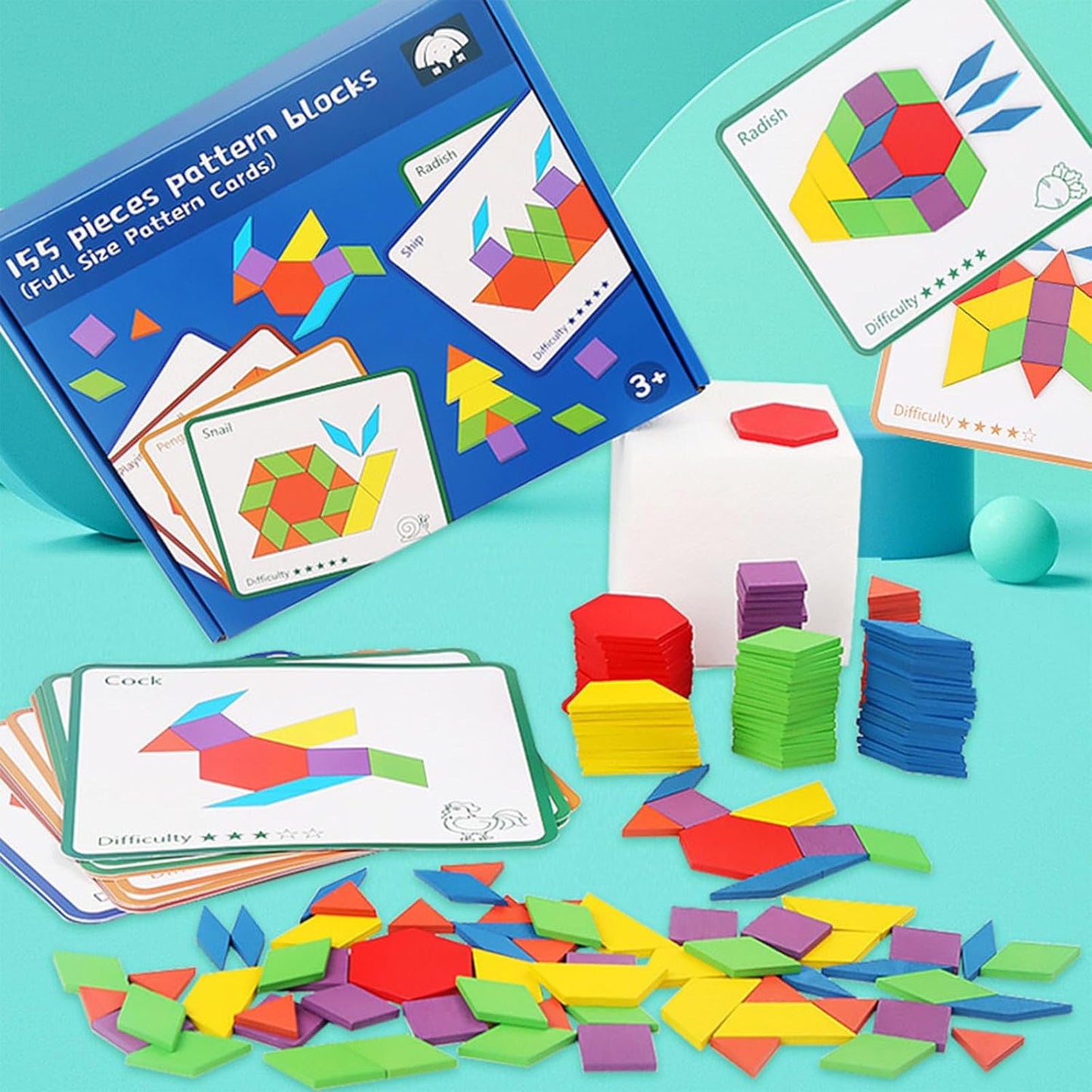 155 Pcs Wooden Pattern Blocks for Boys Girls Gift, Geometric Shape Pattern Set, Pattern Block Activity, Puzzles for Kids, Double Side Cards for 4 5 6 7 8 Years Old