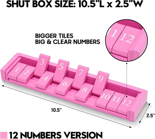 11'' Wooden Shut The Box Dice Game Travel Size Board Game 12 Numbers 2 Classic Dice & 2 Number Dice Storage Bag Instructions Math Learning Classroom Kids, Adults
