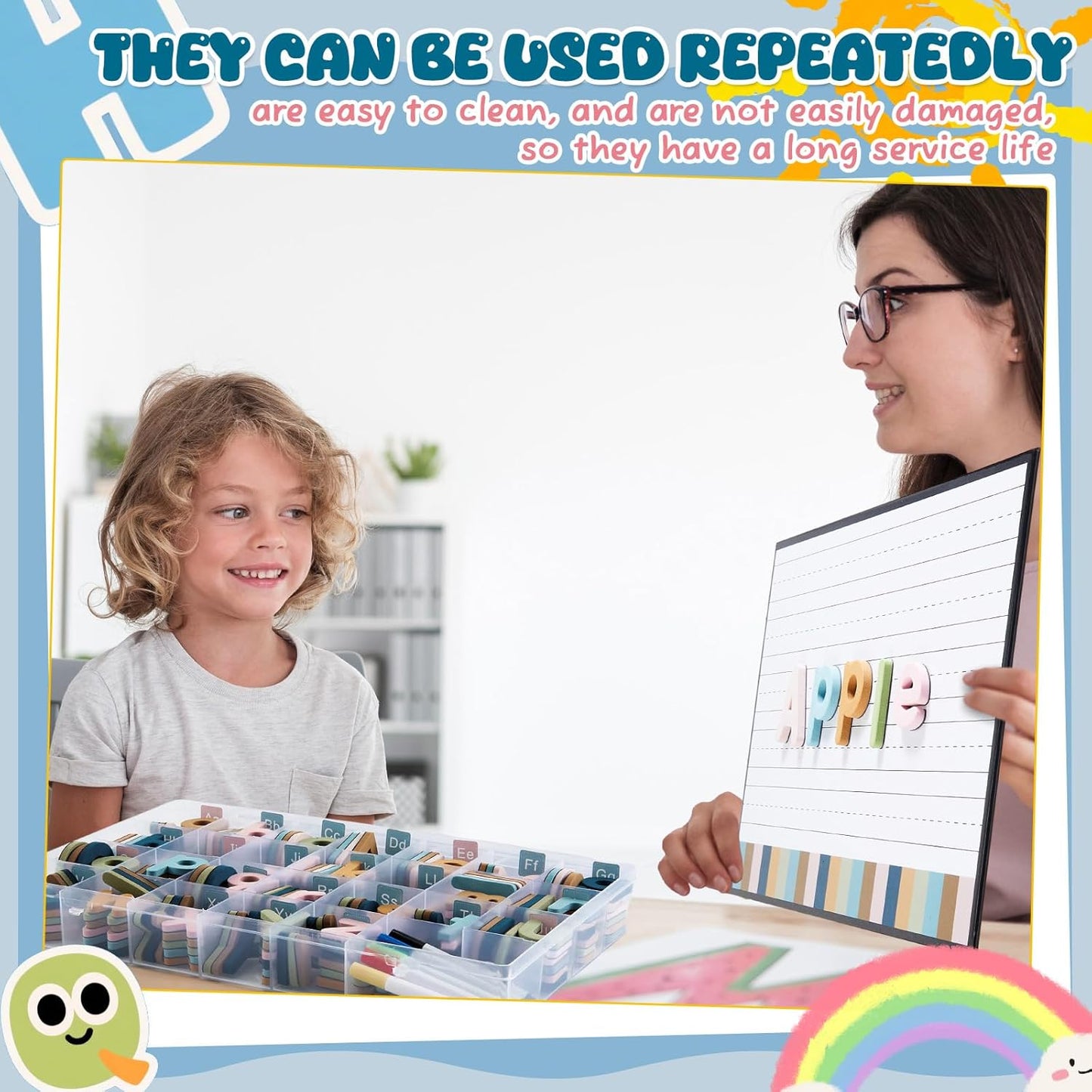 MotiMind 246 Pcs Soft Foam Magnetic Alphabet Letters Kit EVA Alphabet Learning Toys with Whiteboard and Pens Fridge Magnets for Preschool Kids Toddler Spelling and Learning (Boho Color)