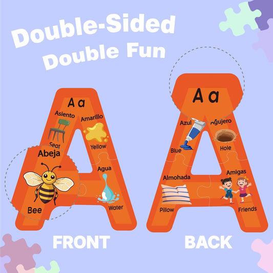 Bilingual Spanish English Alphabet ABC Puzzle Jigsaw for Toddlers, Age 5+, Montessori Preschool Kindergarten ABC Sight Words Letter Puzzle 27 Letters Double-Sided with Gift Box