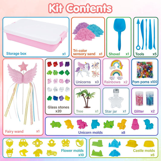 snookids 162Pcs Sensory Bin Magic Sand with Natural Beeswax 690g, Play Sands, Sensory Toys 24 Molds, 3 Unicorns, Sandbox with Lid, Educational Toys and Christmas Gifts for Children 3+