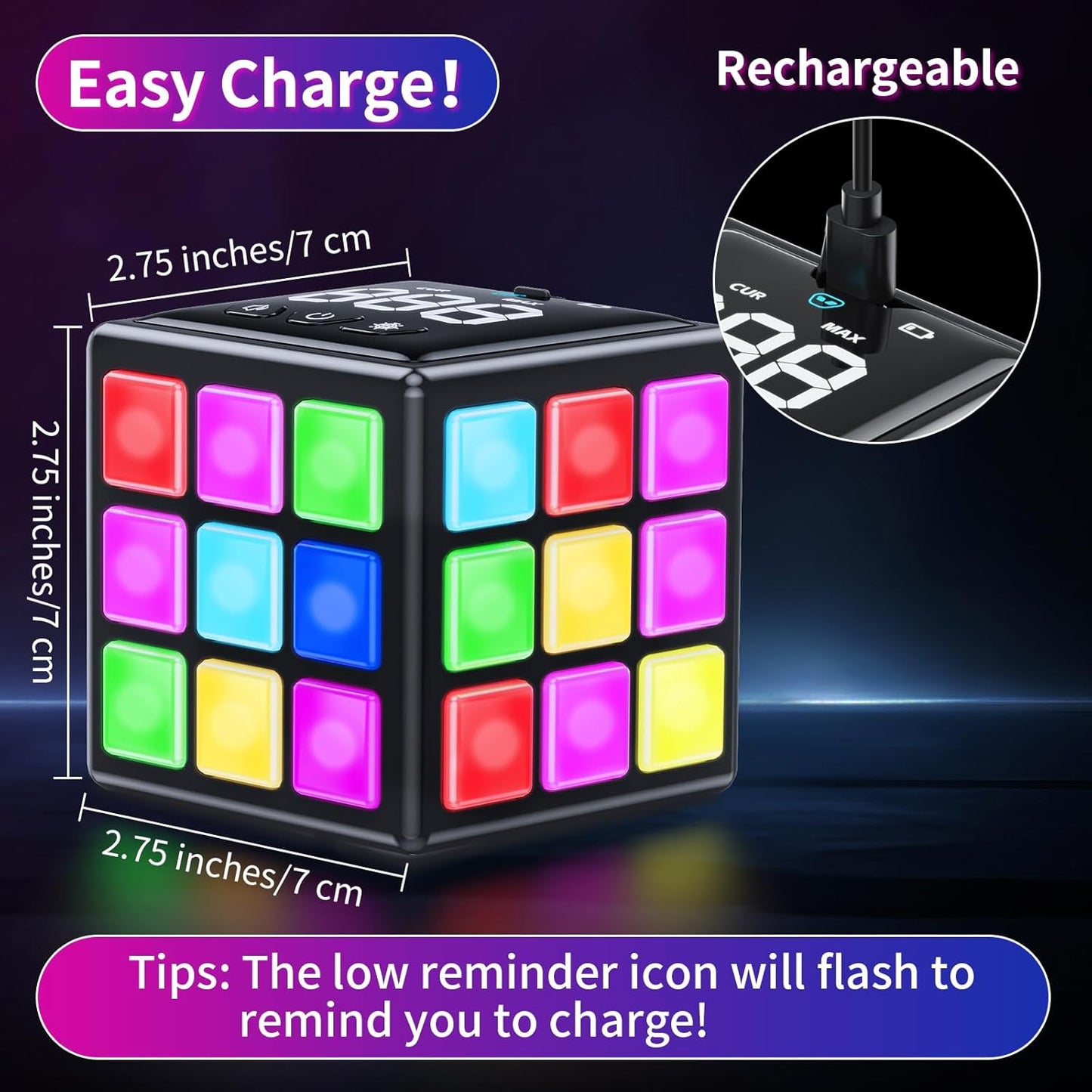 Niufunmal Rechargeable Puzzle Cube with Games - 15-in-1 Fun Brain Memory & Speed Games for Kids Teens - Christmas Easter Birthday Gifts for Boys Girls Ages 6-12+ Years Old with Score Screen (Black)