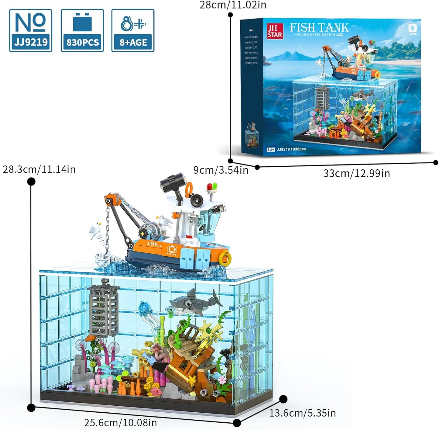 Fish Tank Building Blocks Set, Aquarium Building Set with LED Lights, Including Ocean Shark, Jellyfish, Fishing Boat, STEM Gift for Kids Boys Girls Age 8-12+ and Adults(830PCS)