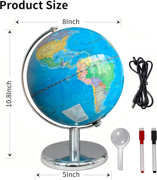 8'' Illuminated Globe for Kids(World Globe with Stable Heavy Metal Base Rewritable Easy-Read High Clear Map Educational Interactive for Children Learning STEM Toy Present for 3+ Years Old)