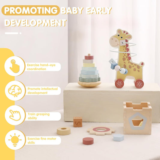 FReniland Montessori Toys for 1 Year Old,3-in-1 Wooden Baby Toys,Wooden Stacking Toy,Toddler Shape Sorting Cube, Giraffe Ring Toy,Newborn Baby Gift Sets for Boys and Girls