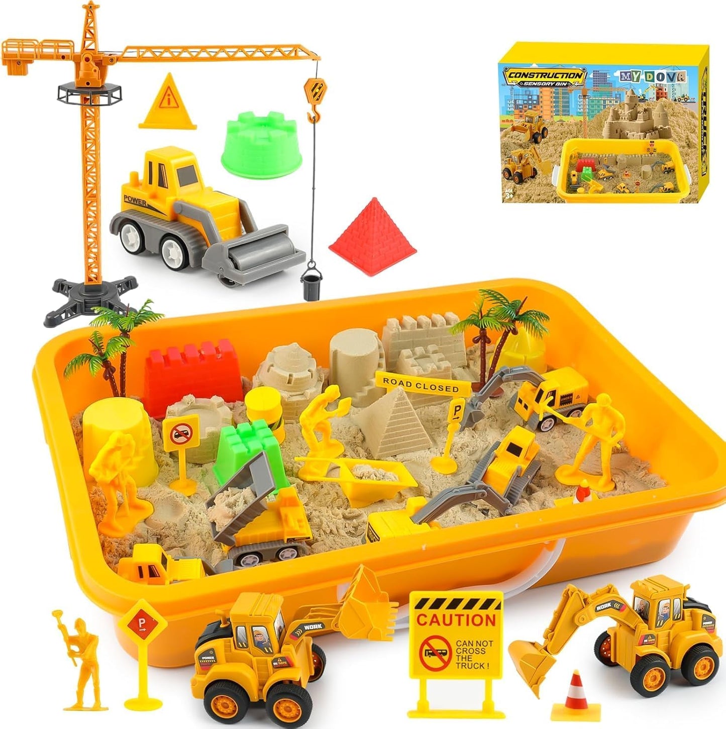 Sand Construction Kit - Play Sand Art Kit with 7 Construction Truck, 2lbs Magic Sand, Castle Molds, Crane, Worker Figures and Road Signs, Construction Sensory Bin for Preschool Learning for kids 3+