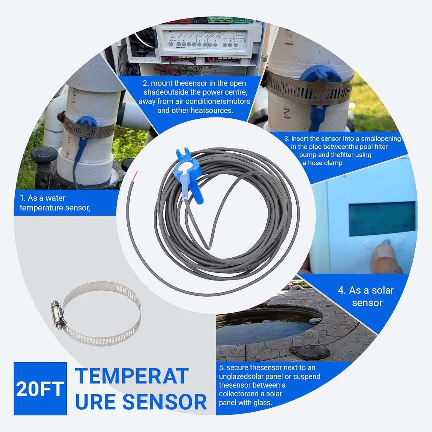 520272 Pool Temperature Sensor Thermistor Air/Water/Solar Replacement Kit for Pentair Jandy Pool/Spa Heater System Temperature Sensor 20 Feet Cable 2 Pack