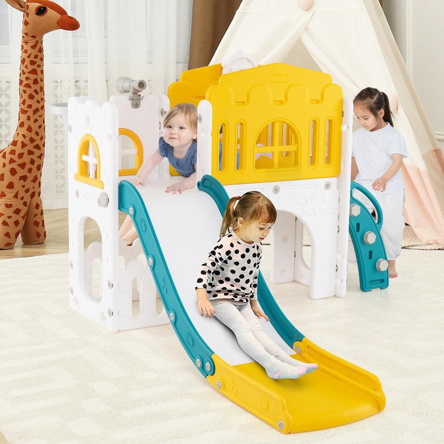 Costzon 8 in 1 Toddle Slide Playset, Freestanding Kids Slide w/Tunnel, Basketball Hoop, Toddler Climber Slide Playset Indoor Playground for Kids 1-3 w/Storage Space, Gifts for Boys Girls (Blue)