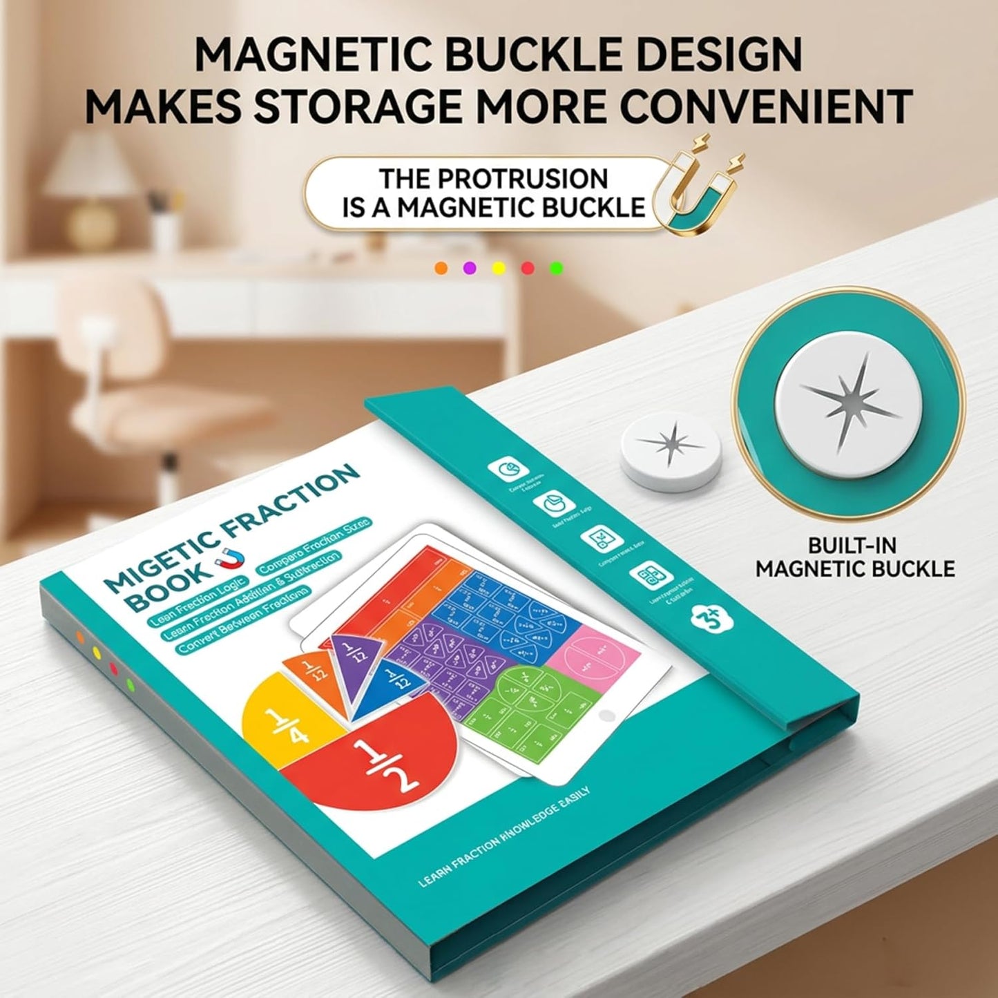 Magnetic Fraction Book, Magnetic Fraction Playbook, Book with Bar & Circles Pieces, Hands-On Math Manipulatives Learning Toy for Kids
