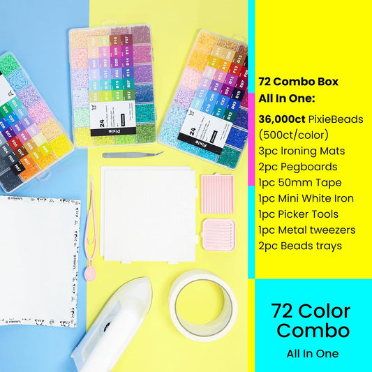 Pixiecraft Fuse Beads Kit 72 Colors 36,000 Count, 2.6mm Mini Size Craft Set 82 pcs with Pegboards Tweezers Ironing Paper Mini Iron, Creative Gift for Kids Teens Adults (72 Colors with Tool Set)