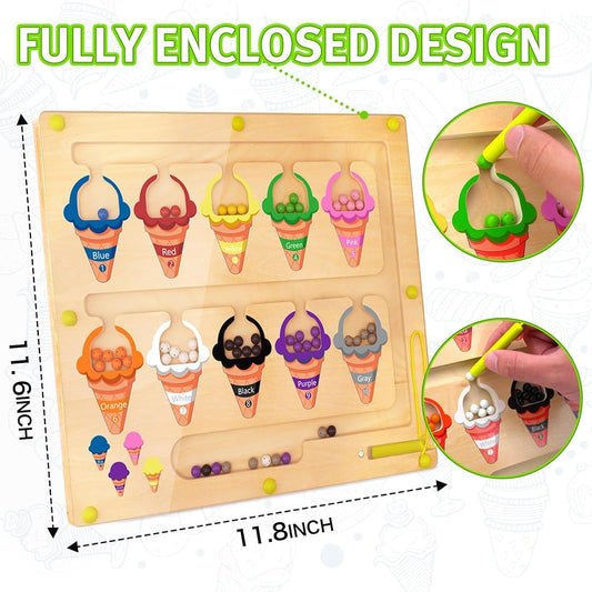 Ice Cream Magnetic Color and Number Maze, Montessori Color Sorting Puzzles Game for Kid, Counting Matching Board Toys, Learning Motor Skill Toy Gift for Boys Girls Toddlers Preschool 3 4 5 Years