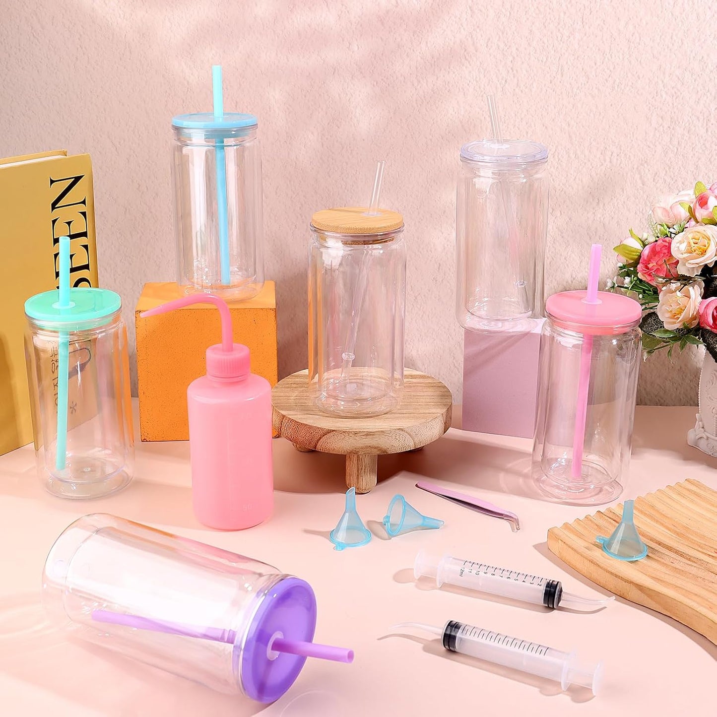 16 Pcs Snow Globe Tumbler Supplies Including 16 oz Plastic Snowglobe Cups with Lids and Straws Squeeze Bottle Bent Spout Syringe Tweezers Funnels for Glitter Snow Globe DIY Craft Gifts