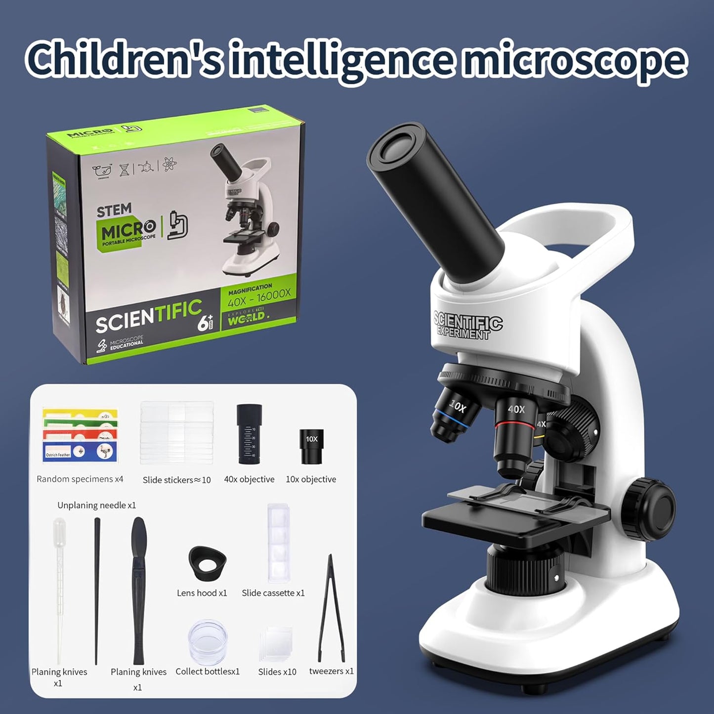 Microscope for Kids Scientific Experiment Kit 40X-1600X Magnification LED Light Educational STEM Kit with Slides and Lab Tools (Blue)