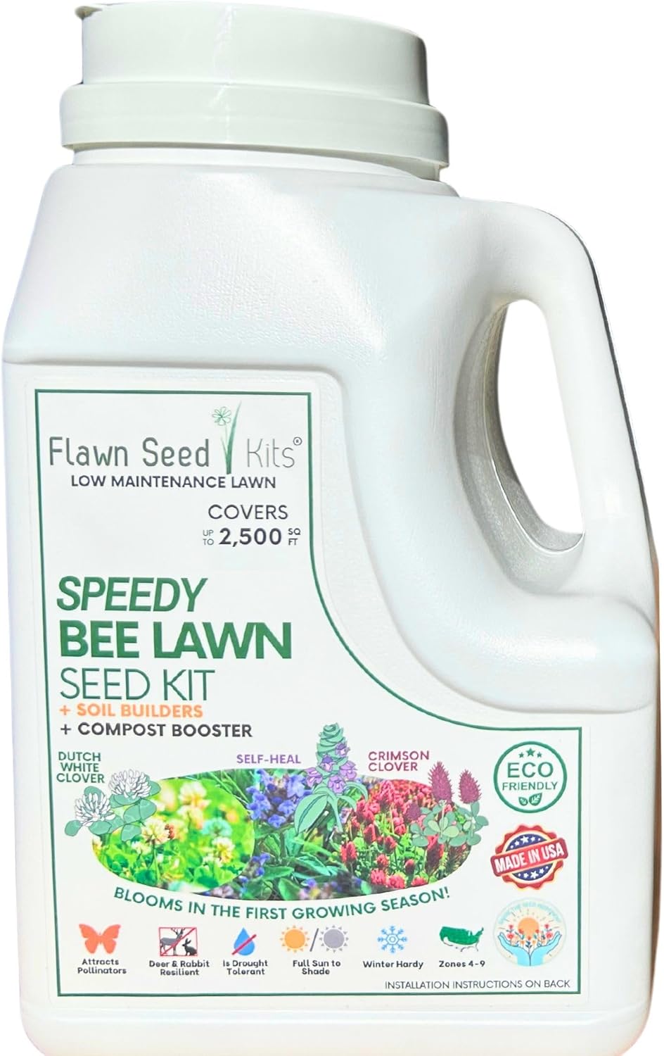 Flawn Seed Kits Speedy Bee Lawn, 500 SqFt, Dutch & Crimson Clover, Self-Heal, Easy to Spread, Low Maintenance, Pet, Kid, Eco-Friendly Regenerative