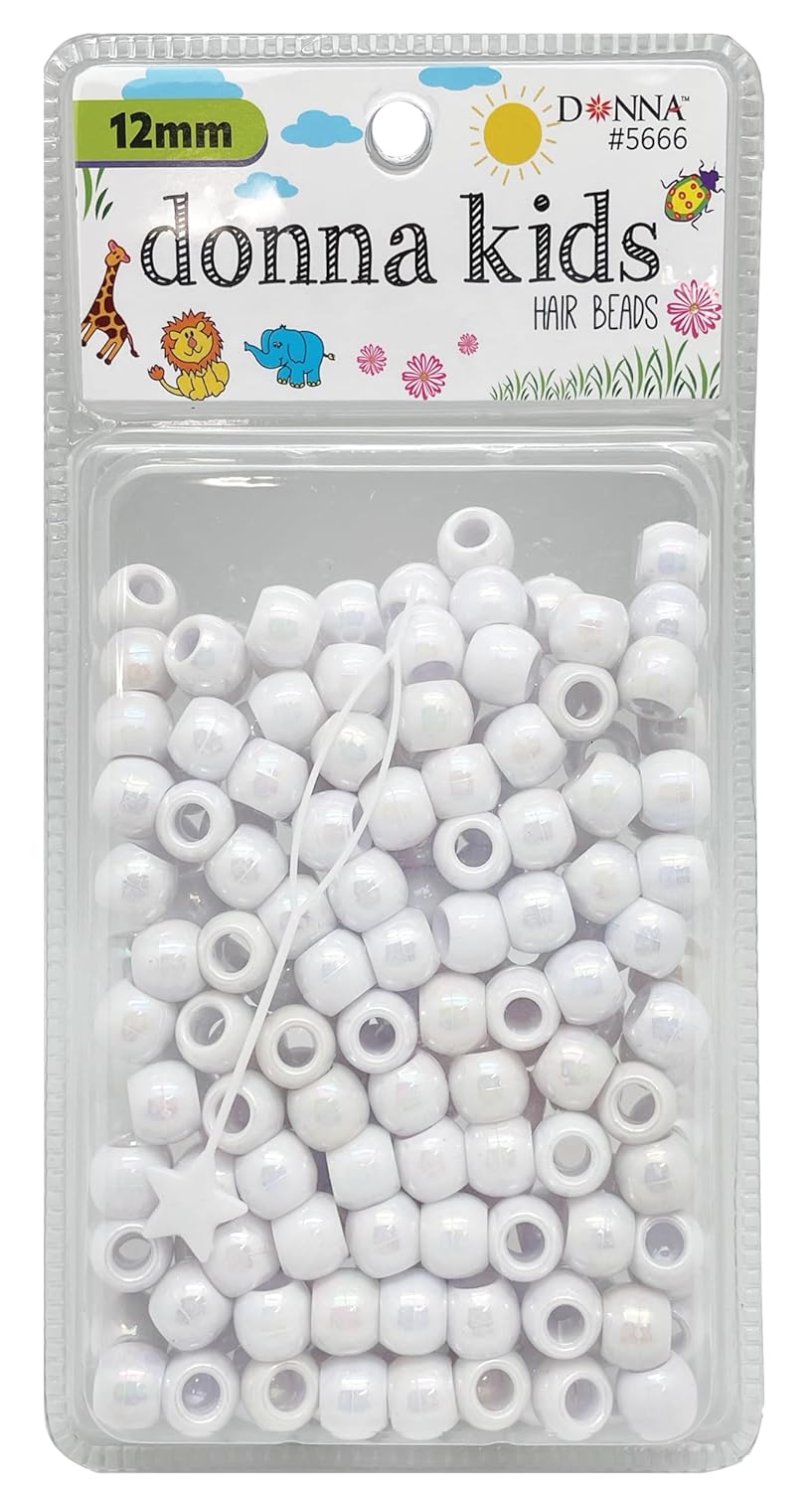 DONNA Kids Hair Beads 12 mm (170 pcs) – Clear Pearl Pony Beads with Threading Tool – Fun Braiding & Craft Accessories for Girls