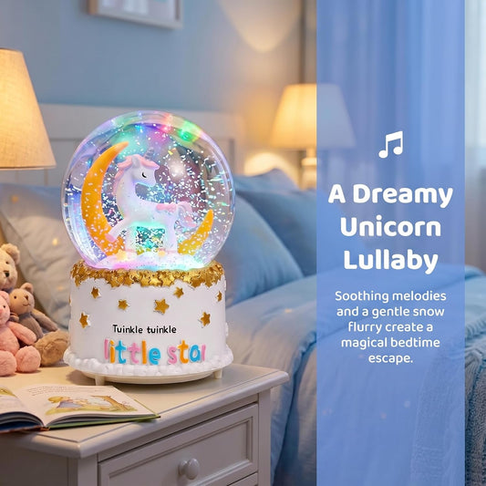 Unicorn Snow Globe, 100mm Music Snowball with Colorful Lights and Automatic Snowfall Home Decoration Snow Globe, Music Box for Christmas Birthday Gift for Girl Boy