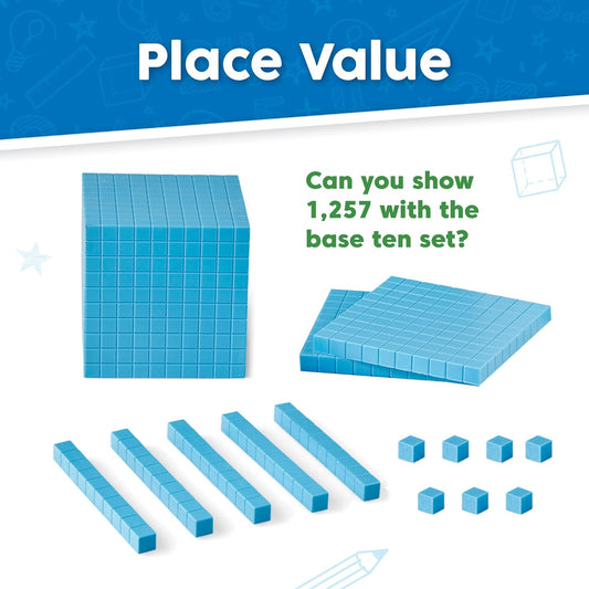 hand2mind Blue Plastic Base Ten Blocks Complete Classroom Set, Place Value Blocks, Counting Cubes, Math Blocks Kindergarten, Manipulative Kit for Mathematics for Elementary Teachers (Set of 161)