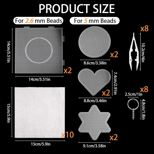 8 PCS 5mm/2.5mm Clear Fuse Beads Pegboards with 10 Sheets Ironing Paper/8 Tweezers/8 Keychain Rings, Perlerbeads Boards Pegboards for DIY Arts and Crafts Supplies Beads