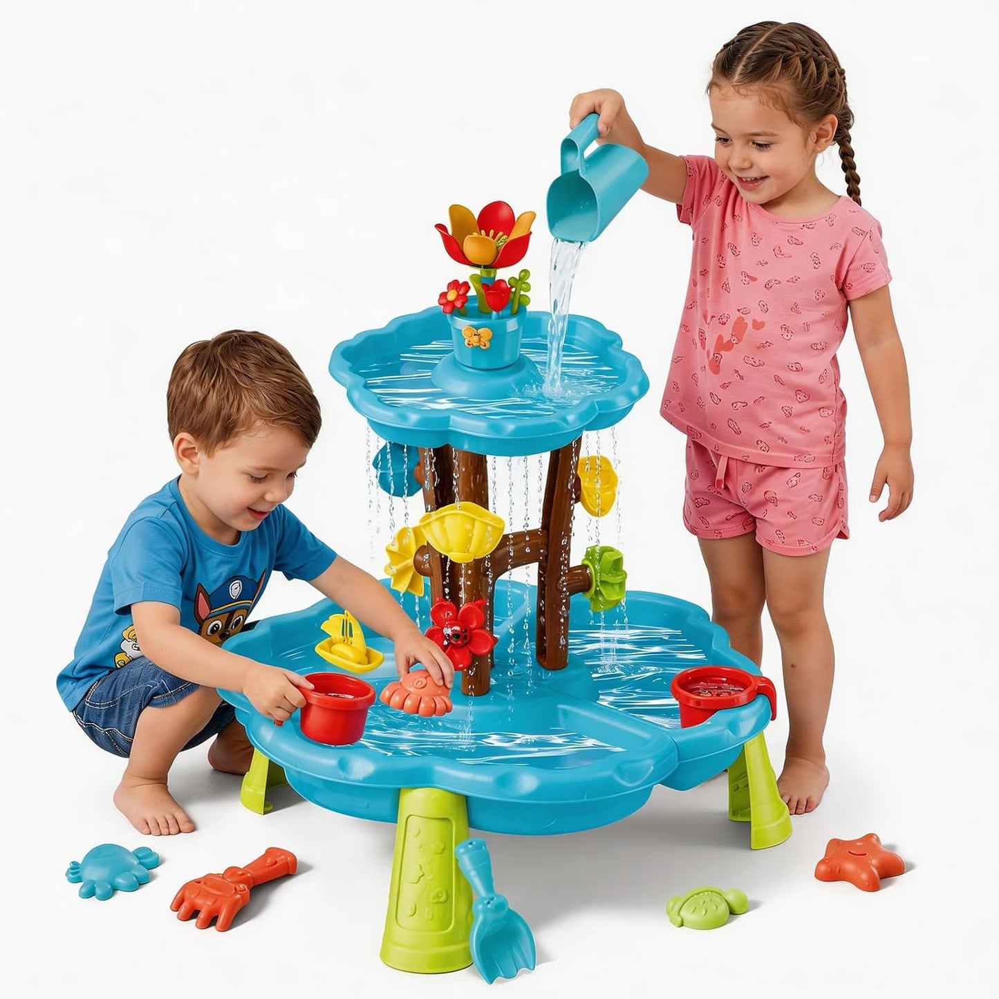 deAO Flower Water Sand Table for Kids 2-Tier Outdoor Water and Sand Play Table Toy Set with 11 Piece Water Toy Accessories Summer Gift for Boys Girls