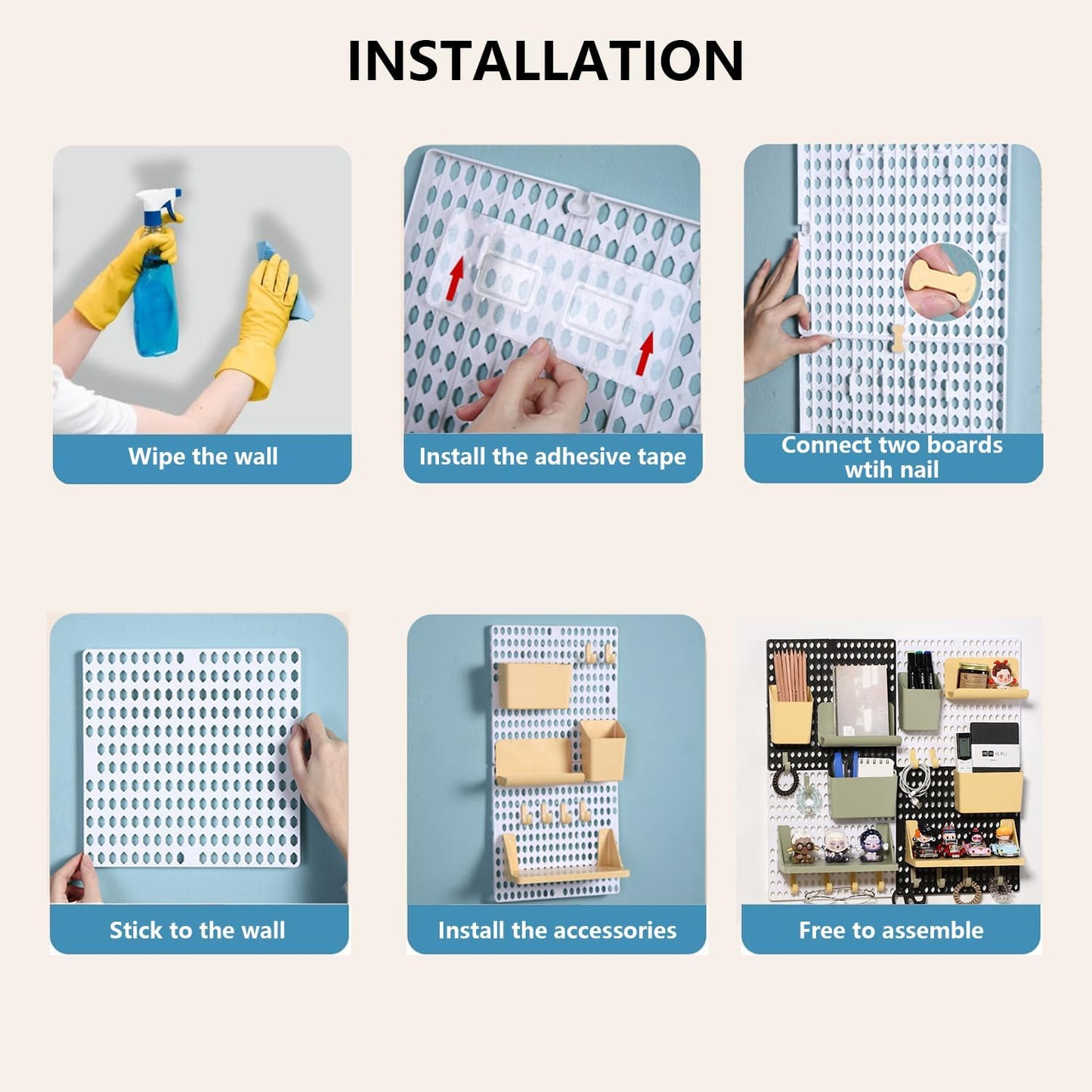 PegBoard Wall Organizer, Plastic Wall Pegboard Kit, 2 White Pegboard and 10 Pegboard Accessories, Wall Mount Pegboard with Hooks, Wall Display Peg board for Home and Office, 19.5” x 9.5”
