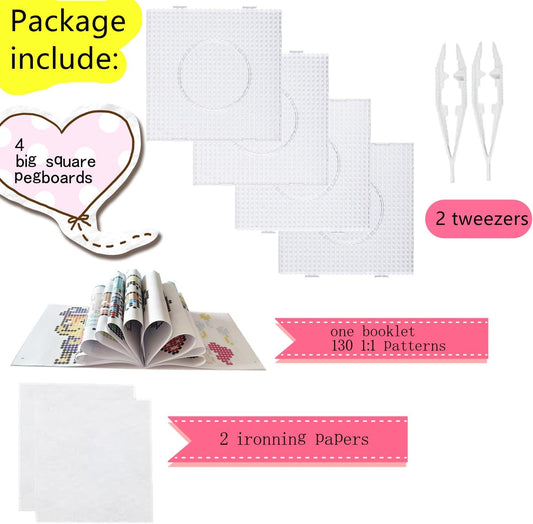Vytung 4pcs 5mm Fuse Beads Boards Set,130 Patterns,Tweezers and Ironing Paper Large Clear Plastic Pegboards Template Beads Boards for Craft Beads