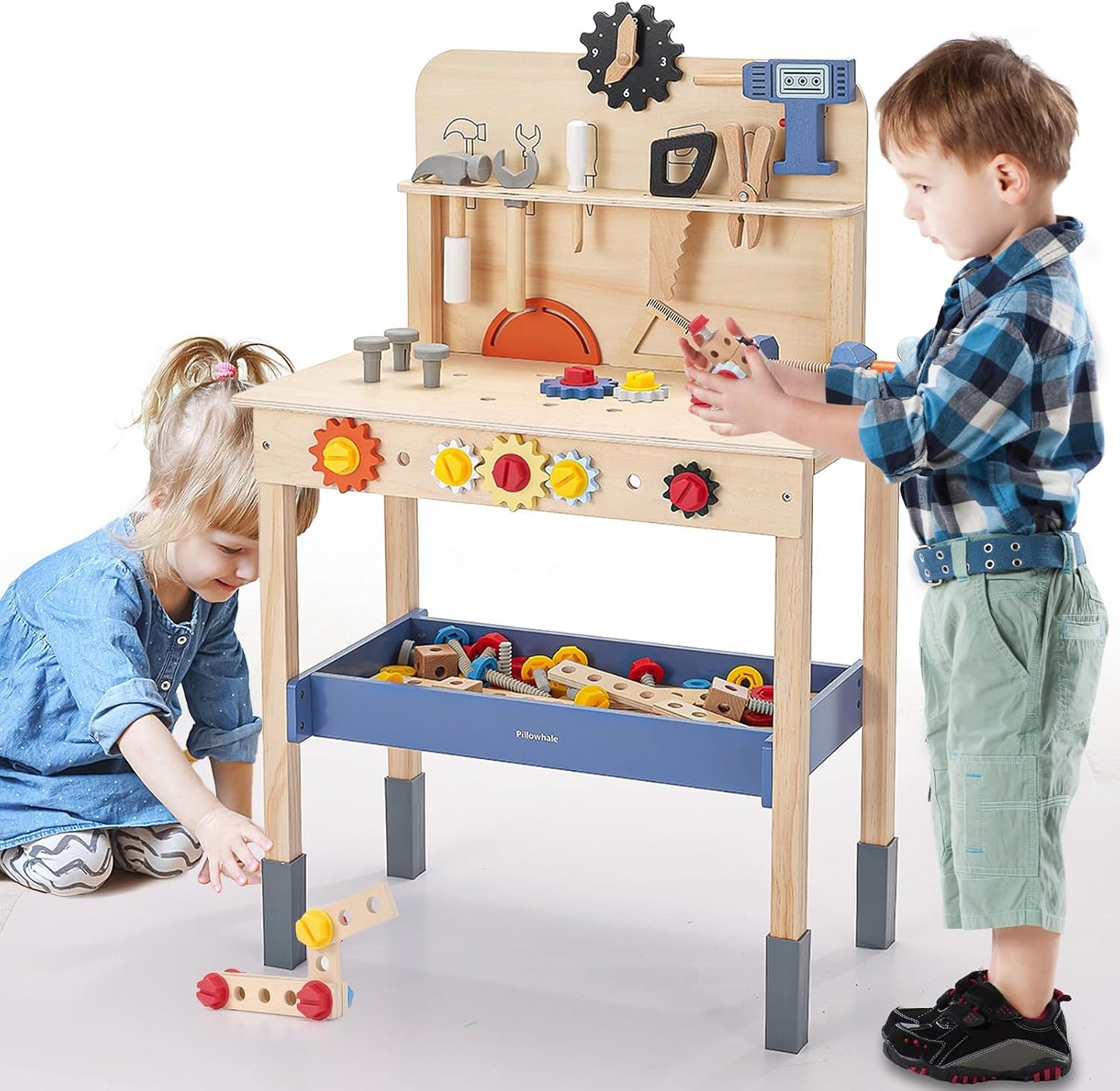 Pillowhale Wooden Kids Tool Bench, Large Size Toddler Workbench Toy with Tools, Gears & Storage, Construction & STEM Building Workshop Tool Bench Toys for Kids Ages 3–6