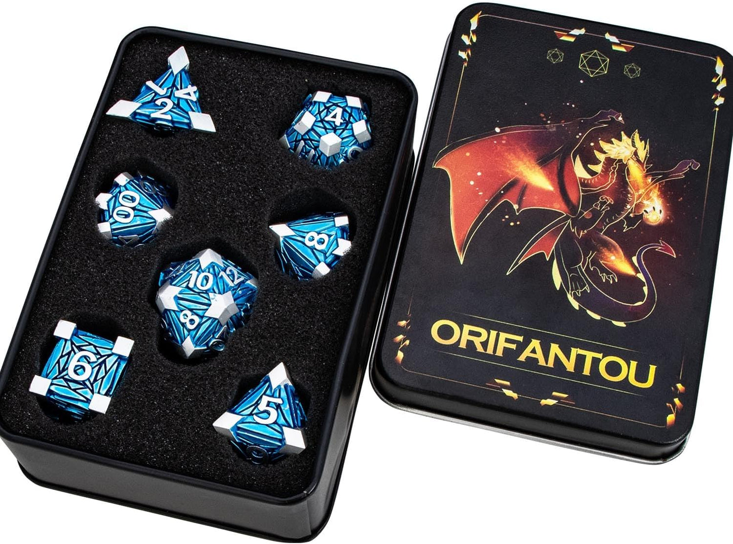 7PCS Metal DND Dice Set with Box, Debris RPG Blue White D and D Dice for D&D Tabletop Games Role Playing Game Polyhedral Dice Set D20 D12 D10 D8 D6 D4