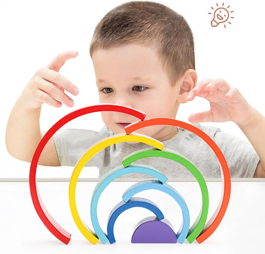 TUOWITA Wooden Rainbow Stacking Toy, Wood Stacker Arch Game, Montessori Arch Bridge Rainbow Building Blocks, Colorful Stacking Blocks Puzzles for Kids 2 3 4 5 Years Old, Rainbow Decor Toys