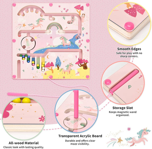Unicorn Magnetic Maze Toy, Color & Number Sorting Game, Educational Montessori Bead Board for 3-6 Year Old Girls, Toddler Travel Learning Game, Ideal Gift