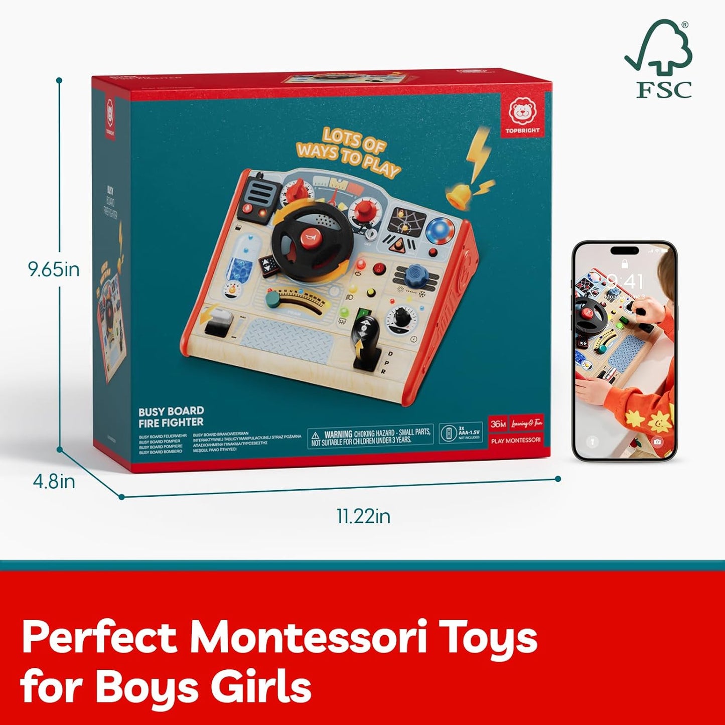 TOP BRIGHT Montessori Busy Board with LED Light, Sensory Toys with Sounds & Switches, Activity Board for Kids 3-5, Car Driving Toy for Toddler Boy, 3 Year Old Girl Boy Gifts for Birthday Christmas