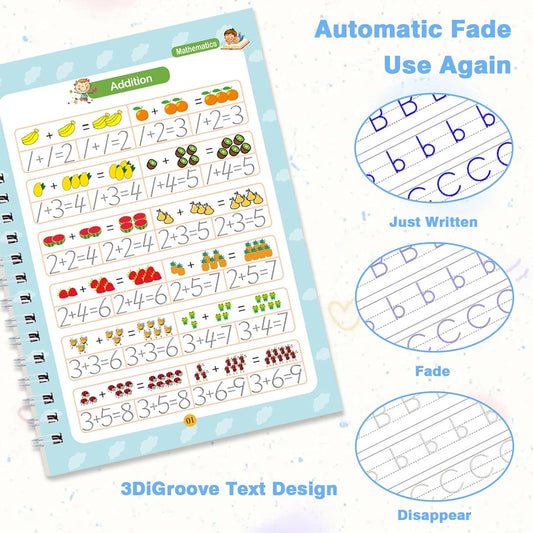 Handwriting Practice Book for Kids, 4 Pack Magic Grooved Writing Practice with Pen, Reusable Tracing Workbook with Numbers & Letters, Gift for Early Education Preschool Learning Activities