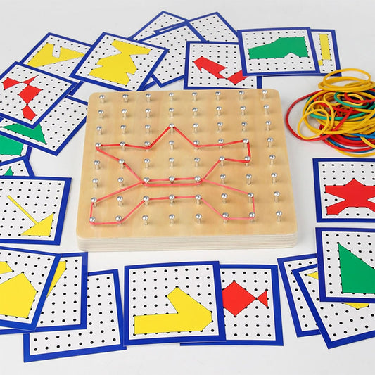 Fun Educational Toy with Wooden Geoboard and Elastic Rubber Bands for Fine Motor Skills Logical Thinking Development Educational Rubber Band Board