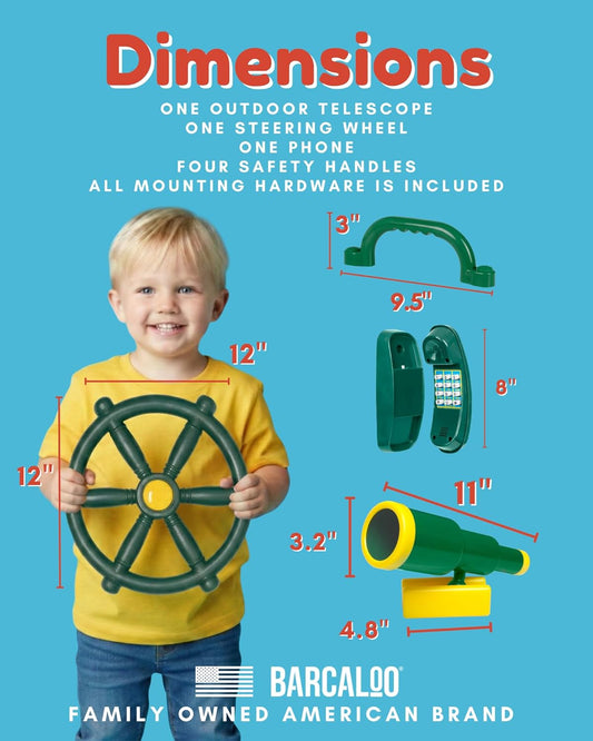 Barcaloo Playground Equipment Bundle Set with Kids Pirate Telescope, Pirate Steering Wheel & Flags, Jungle Gym Playset Accessories for Backyard Swings, Playground Set for Backyards