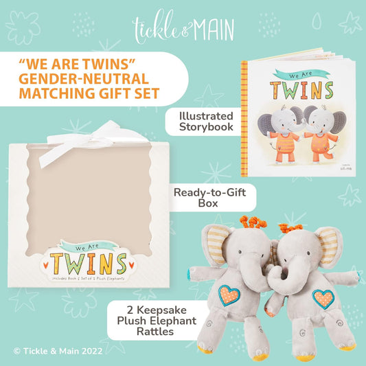 Tickle & Main Baby Gift Set for Twins Newborn & Infant - 3-Piece, Multicolor - Rhyming Baby Book for Twins & 2 Plush Elephant Rattles - Gift for Boys & Girls