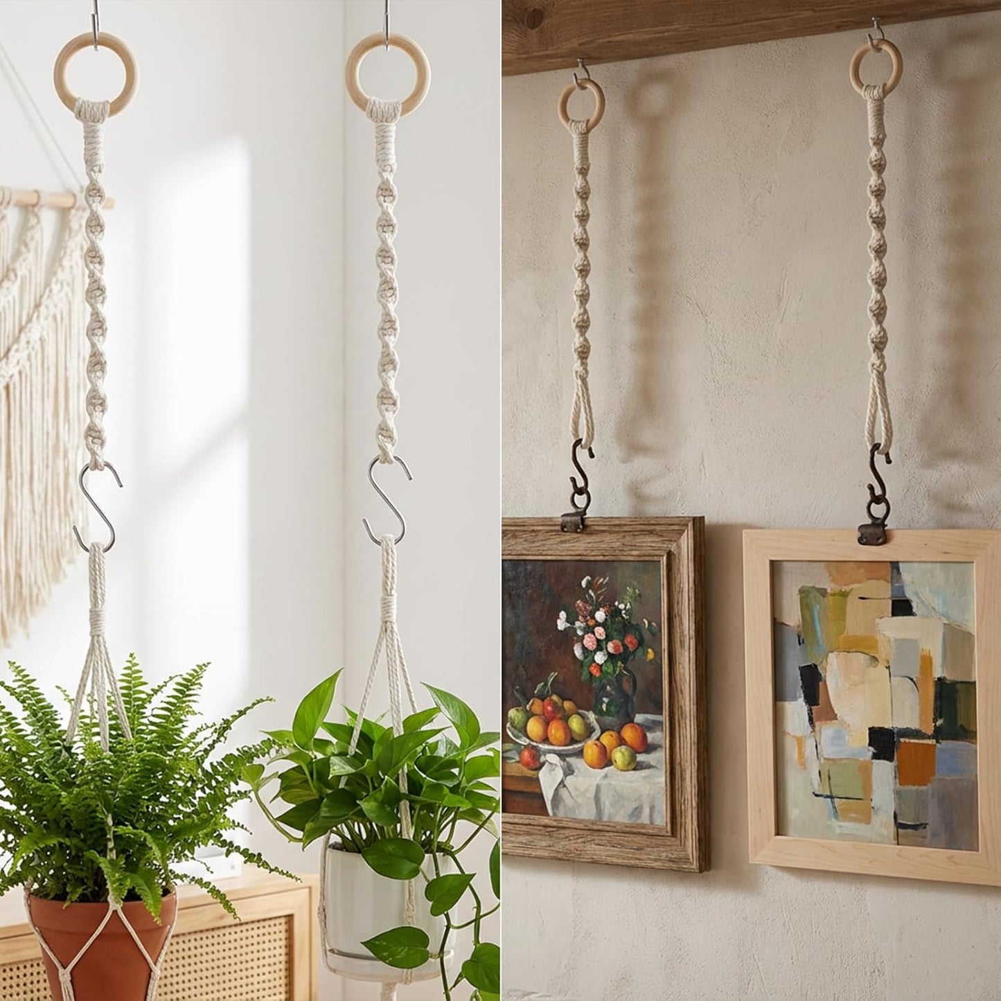 3 Pcs Adjustable Macrame Plant Hanger Extenders with Wooden Ring Handmade Woven Hanging Basket Extension Connectable Rope Hanging Plant Extender for Outdoor Indoor Plants Pot Holder Home Decor