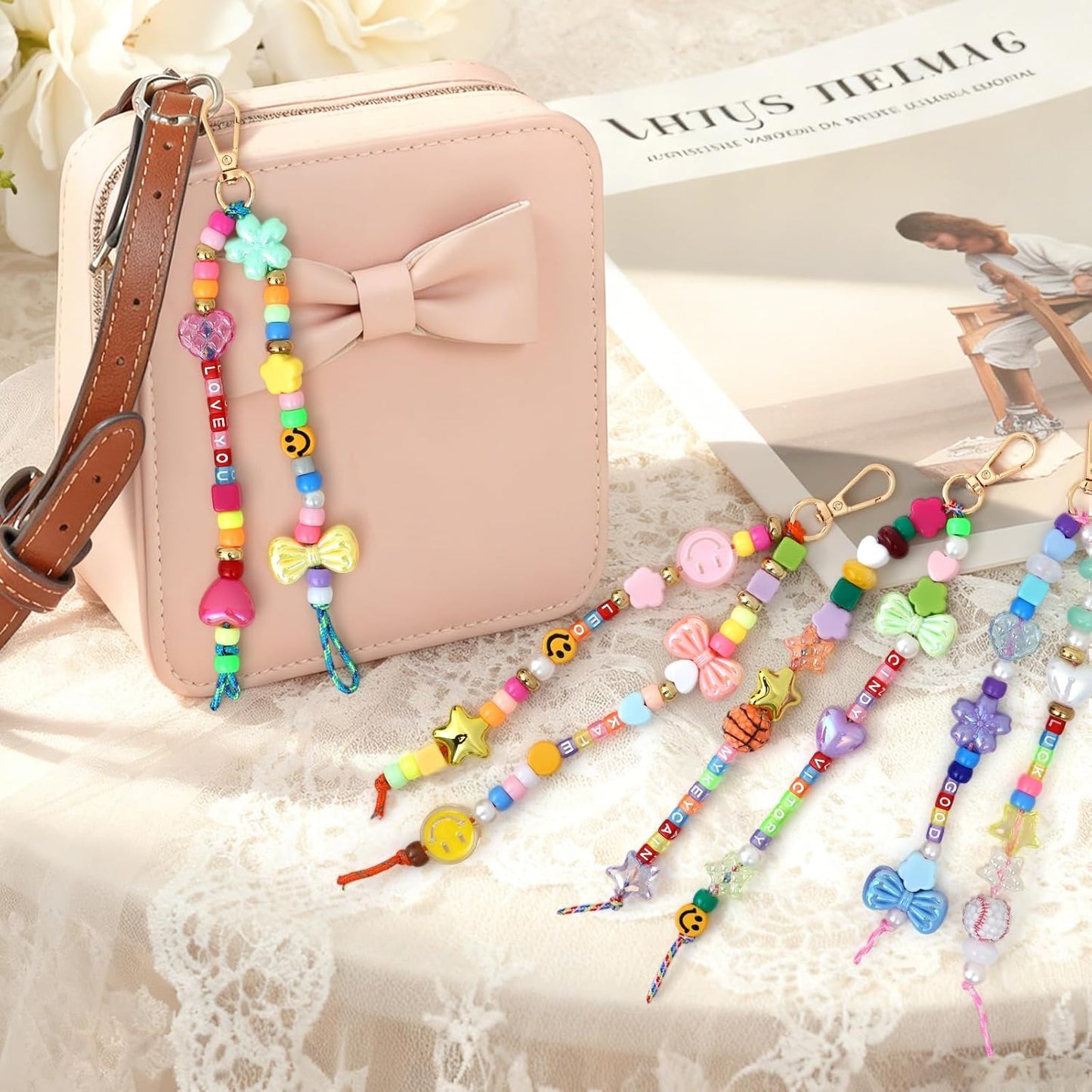 DEMIUKO DIY Bead Keychain Making Kit, 296PCS Beaded Bag Charm Making Kit with Colorful Beads Letter Alphabet Name Beads Flower Heart Jewelry Making Kit Bead Supplies Crafts Gifts