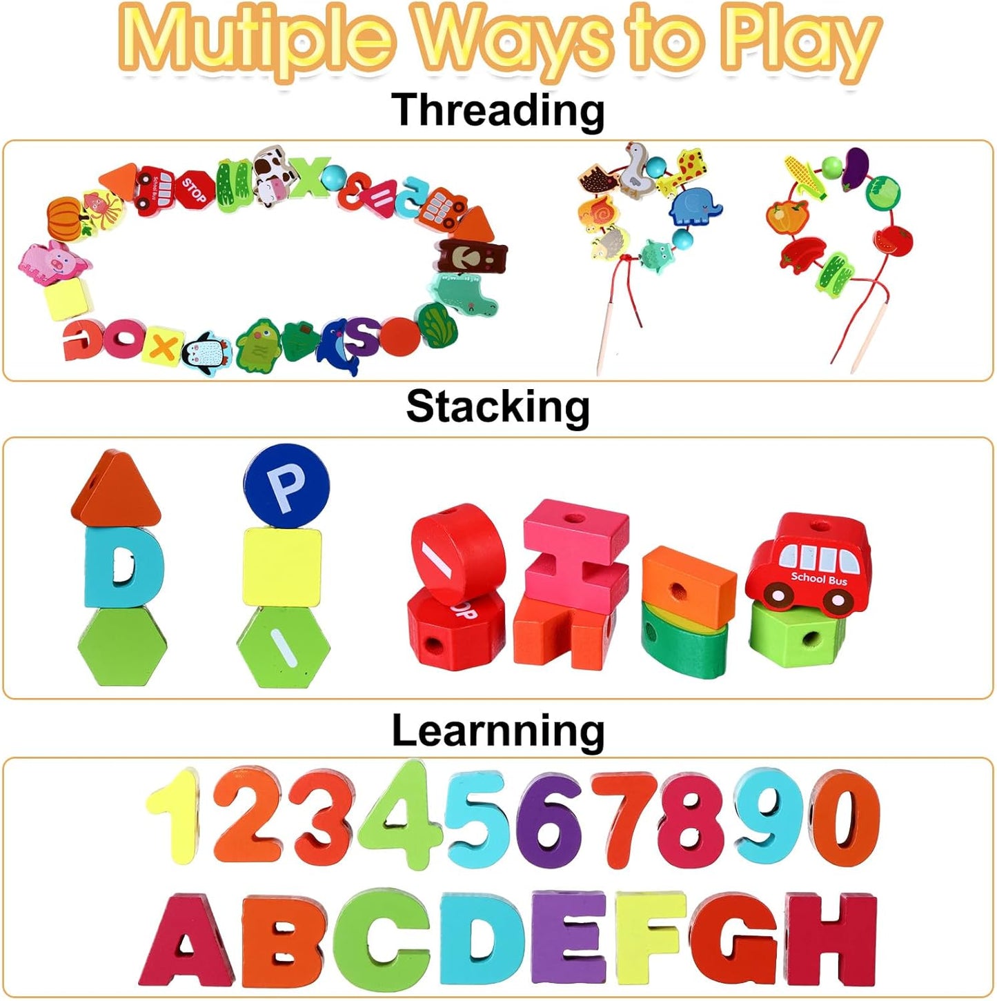 Shappy 139 Pcs Montessori Educational Wooden Lacing Beads Toys for Farm Animals Fruits Lacing Beads Stringing Fine Motor Skills Toy