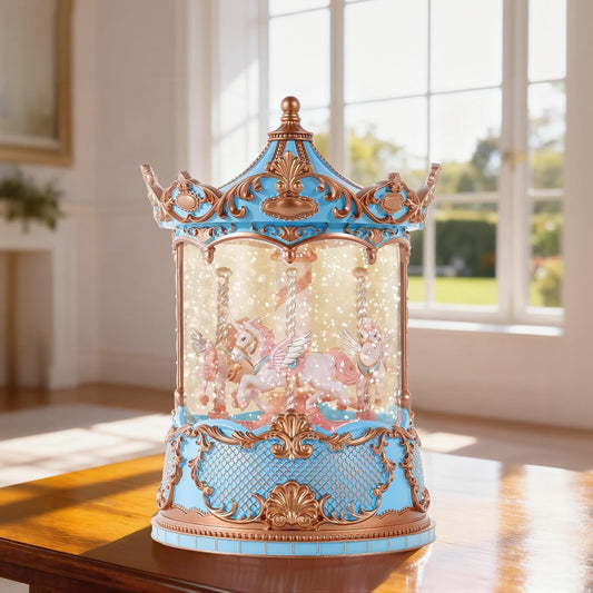 Gifts for Mom Pink Carousel Horse Snow Globe Music Box with Rotating Horses Musical Unicorn Snow Globe with Glitter for Girls, Women, Mom, Birthday Gifts Home Decorations (Pink Silver Carousel)