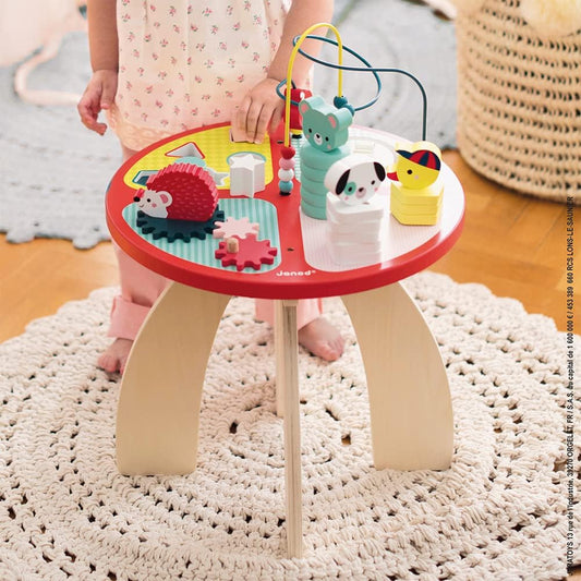 Janod - Baby Forest Wooden Activity Table 23.2" Tall - Assembling Table for Children's Activities - Vibrant Colors - Multi-Activity Play, Develops Dexterity, French Design