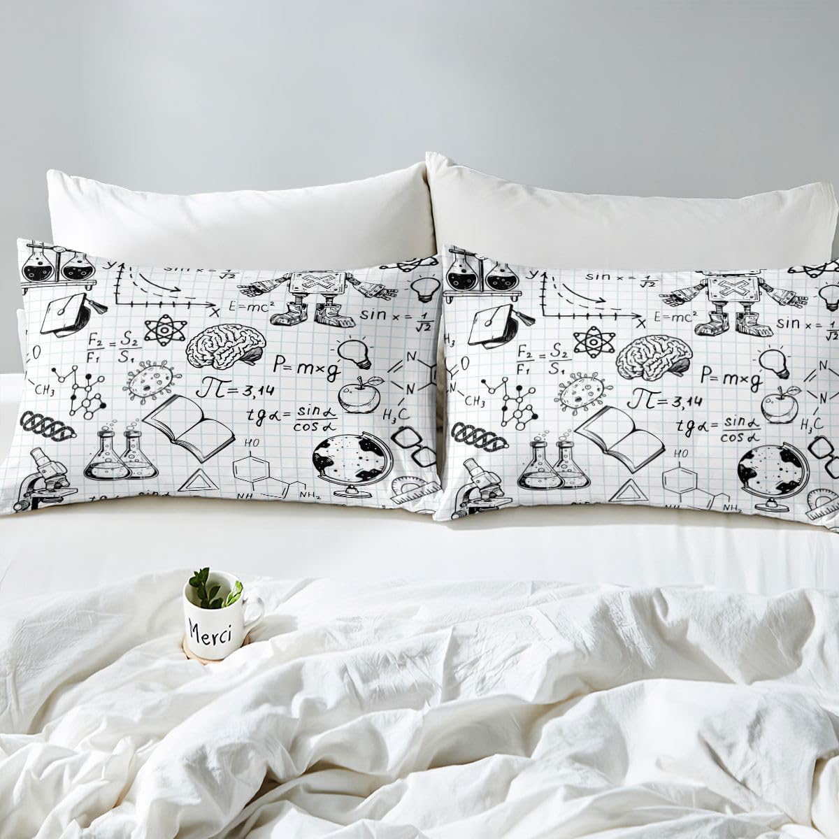 Feelyou Cute Robot Bedding Set for Girls Boys Children Math Chemistry Subject Comforter Cover Black White Grid Plaid Duvet Cover Room Decor Physical Formula Bedspread Cover Full Size 3Pcs