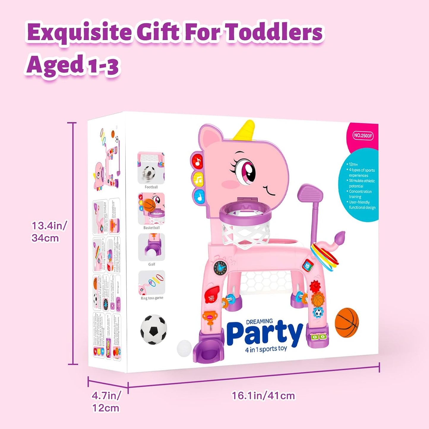 4 in 1 Toddler Basketball Hoop & Soccer Goal, Kids Sports Toy for 1 2 3 Years Old Girls Boys, Baby Toy with Sound & Light, Birthday Gift for 12-18 Months, Pink